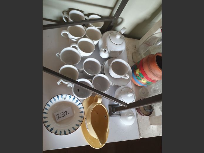 LOT: WHITE COFFEE CUPS, TEAPOT WITH LID, etc