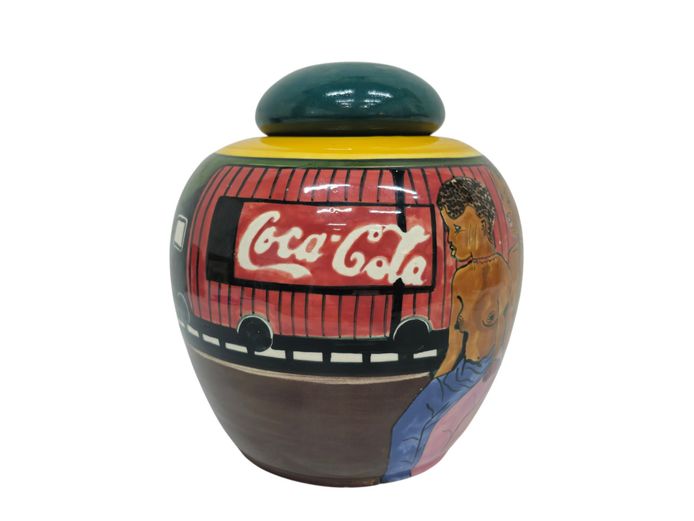 Hand-Painted Ceramic Lidded Jar – Pop Culture & African Tradition Narrative