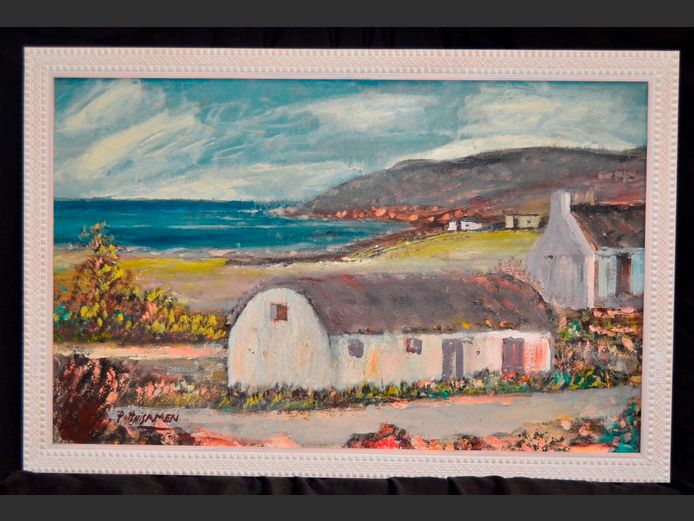 FRAMED OIL ON BOARD "FARM HOUSE" SIGNED P. HUISAMEN, 88 x 55cm