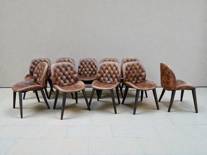 Set of 10 Tufted Mid-Century Style Dining Chairs
