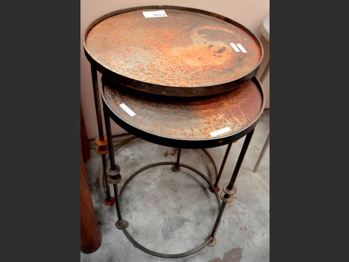 METAL NEST OF 2 SIDE TABLES, 46cm Diameter x 61cm High & 38cm Diameter x 56cm High [Rusted]