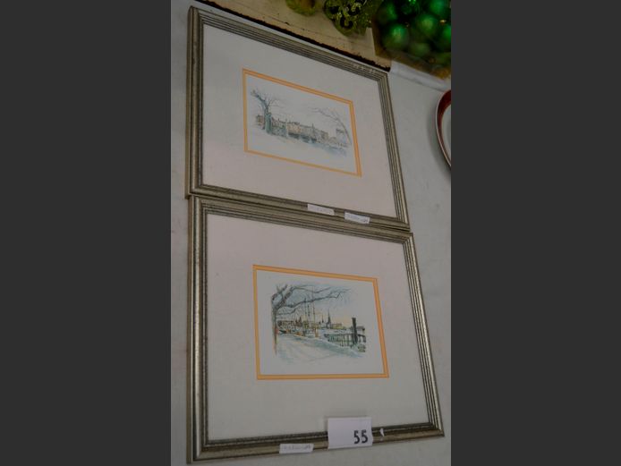 PAIR SILVER GILT FRAMED PRINTS "CITY SCENES", 19.5 x 13.5cm