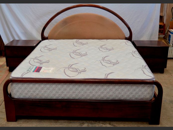 IMBUIA BED WITH MATTRESS, PEDESTALS, HEAD- & FOOTBOARD, 52 x 46 x 47cm