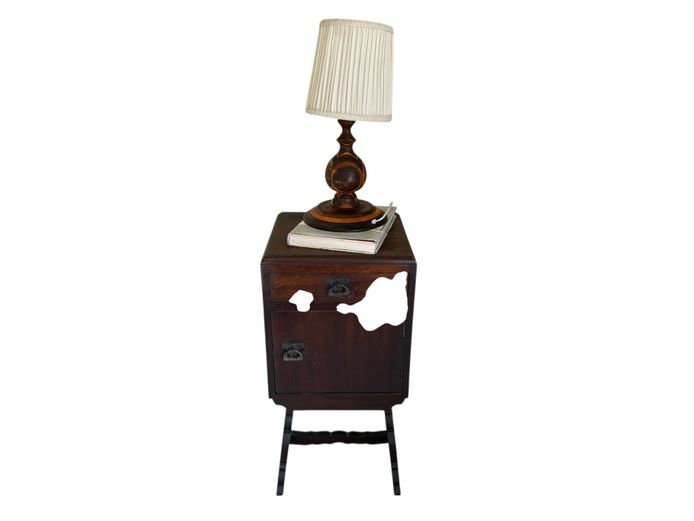 Vintage Wooden Bedside Cabinet with Drawer & Cupboard + Lamp 