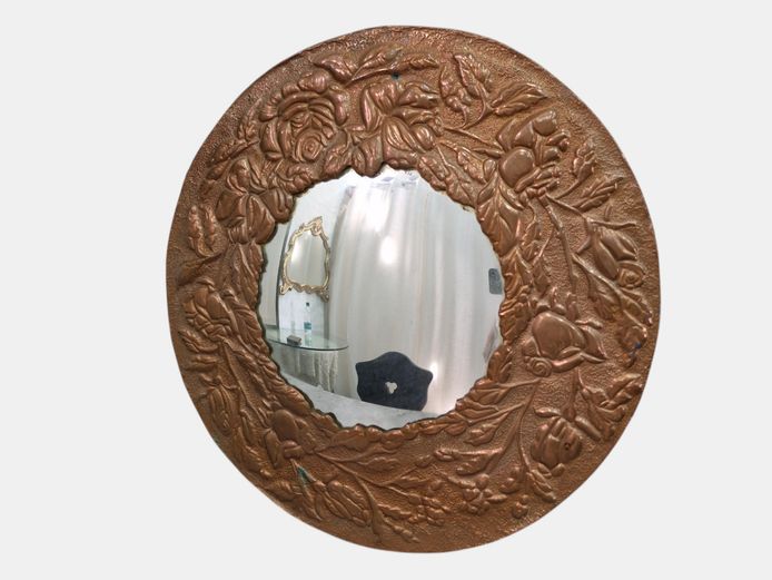 Embossed Copper-Tone Floral Round Wall Convex Mirror