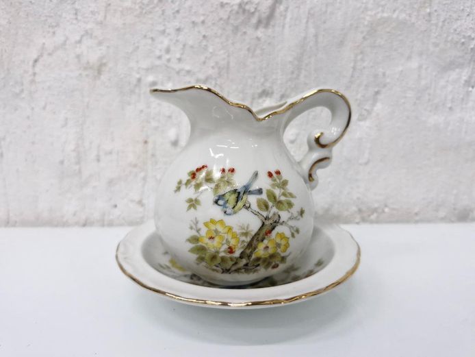 Miniature Ceramic Creamer & Saucer Set - Bluebird and Yellow Flowers