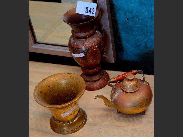 BRASS MORTAR, KETTLE & VASE