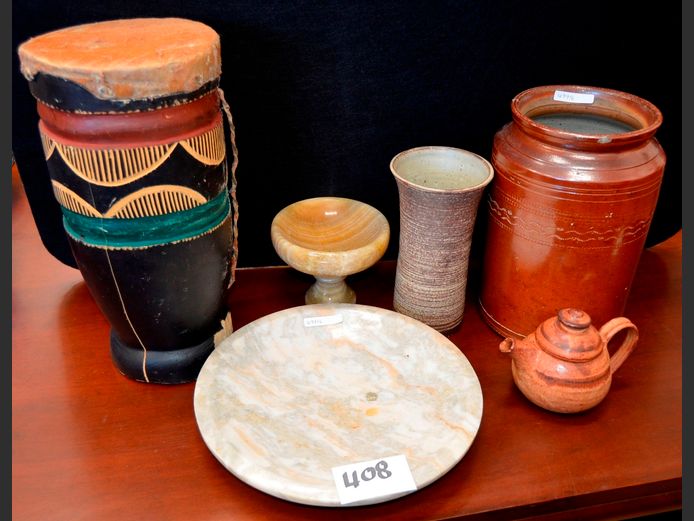 BONGO DRUM [Damage to base], MARBLE PLATE, POTTERY VASE, etc
