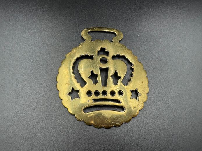 Vintage Brass Horse Harness Medallion – Royal Crown and Stars with Scalloped Rim Design