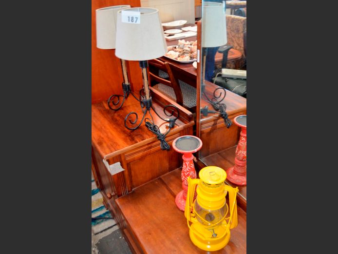 PAIR WROUGHT IRON BEDSIDE LAMPS WITH SHADES, 45cm High