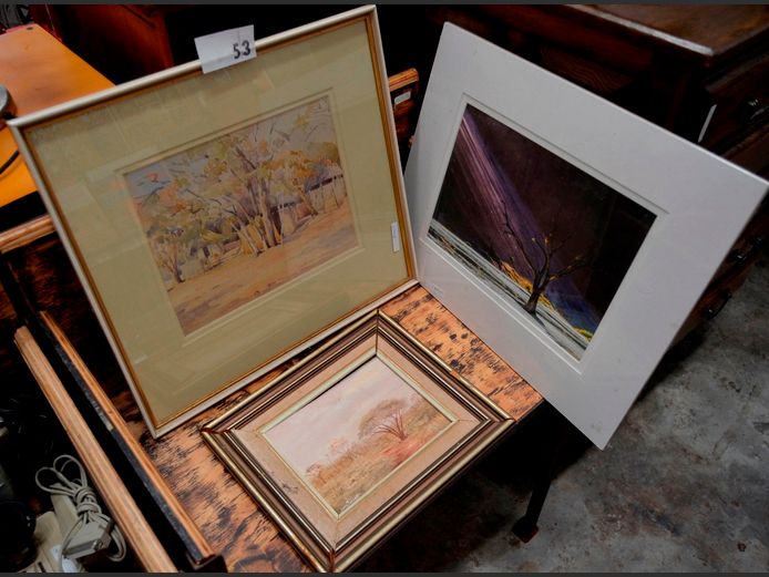 UNFRAMED PRINT "TREE" &  FRAMED PRINT "HUT", etc., 28 x 22cm, 19 x 14cm & 30 x 21cm