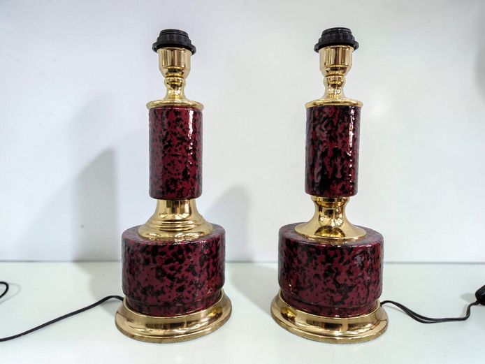 Mid-Century Style Ceramic & Brass Plated Table Lamps - Burgundy Tortoise Glaze
