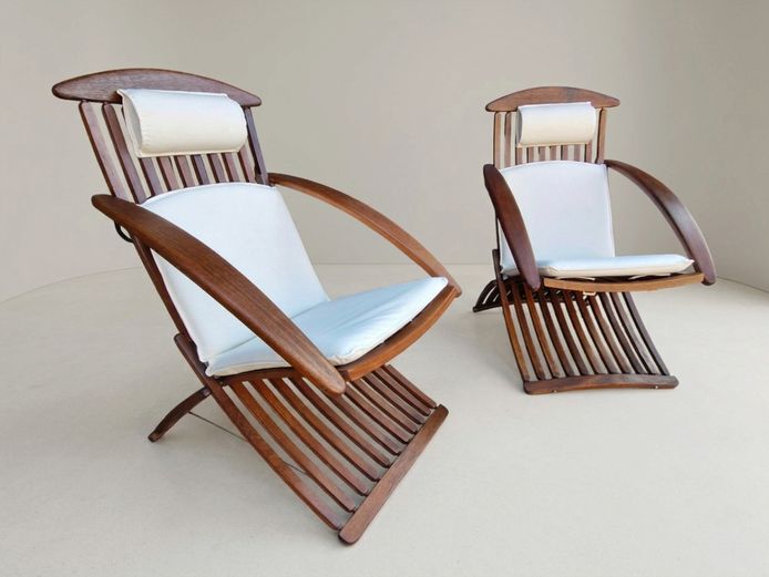 Mid-Century Modern Danish-Style Reclining Teak Folding Lounge Chairs