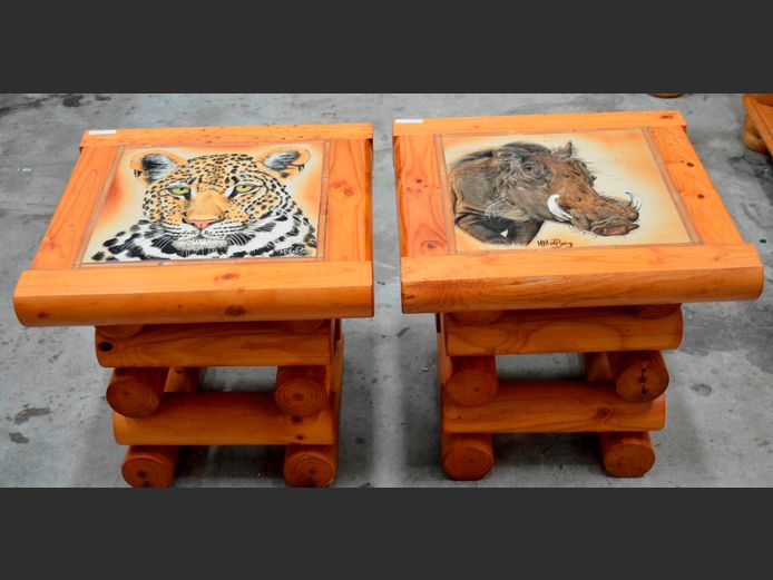 PAIR TILED TOP LOG CABIN STYLE SIDE TABLE, TILES PAINTED BY M. VAN DEN BERG, 50 x 50 x 47cm