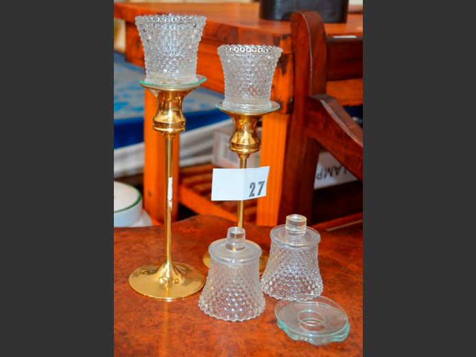 SET OF 2 BRASS & GLASS TEALIGHT CANDLESTICKS, 27cm High & 24cm High