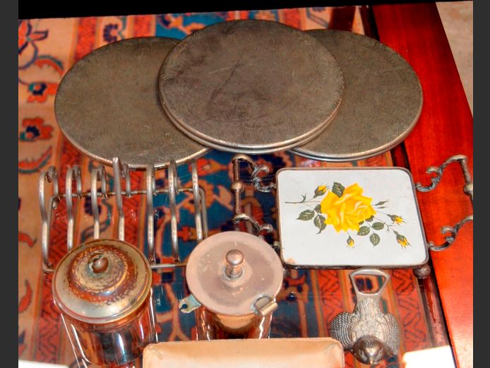 SILVER PLATE JAM POT WITH LID, TOAST RACK, PLACEMATS, etc