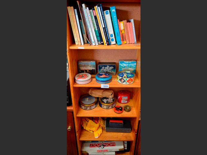 LOT ON 5 SHELVES: COLLECTABLE TINS, BOOKS, etc