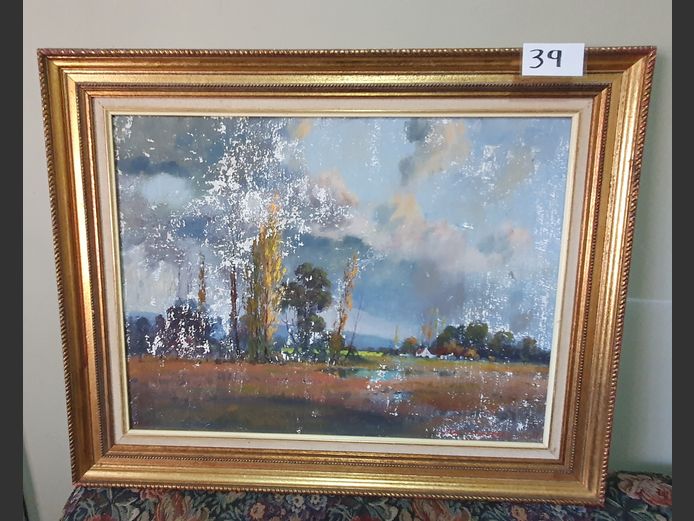 GILT FRAMED OIL ON CANVAS "FARM SCENE", 60 x 44cm [Some damage]