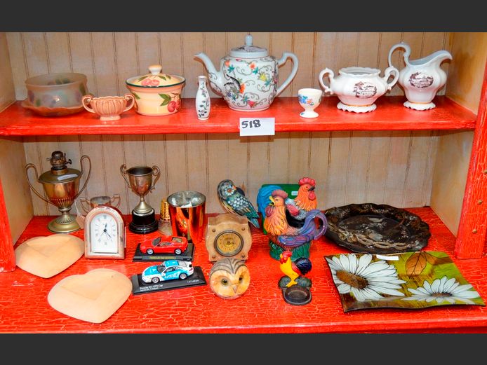 CAST IRON ROOSTER CANDLE HOLDER, ORIENTAL TEAPOT, CREAMER, etc