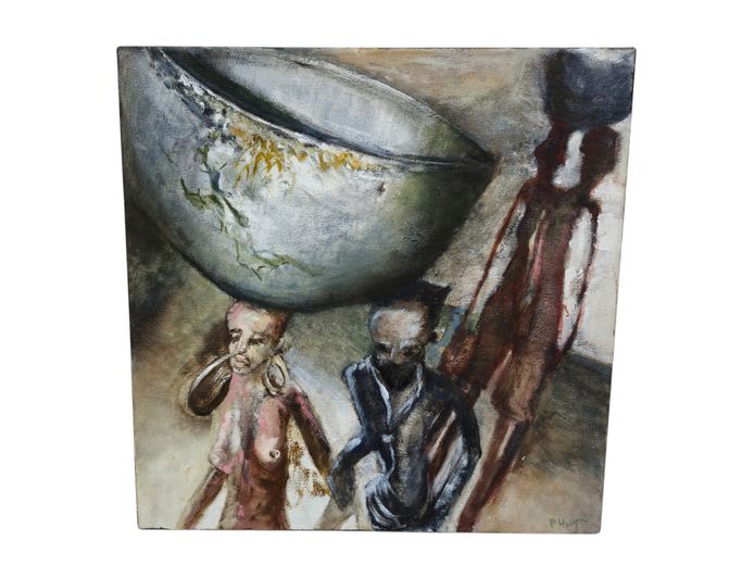 Original Oil on Stretched Canvas by Pauline Hugo: Vessel and Figures