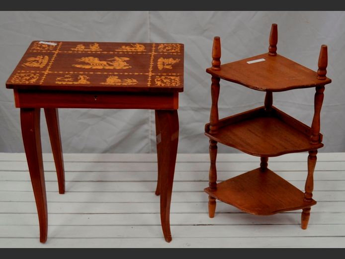 ITALIAN MARQUETRY INLAID MUSIC BOX SIDE TABLE & A 3-TIER SHELF, 28 x 21 x 49cm, & 37 x 27.5 x 43cm