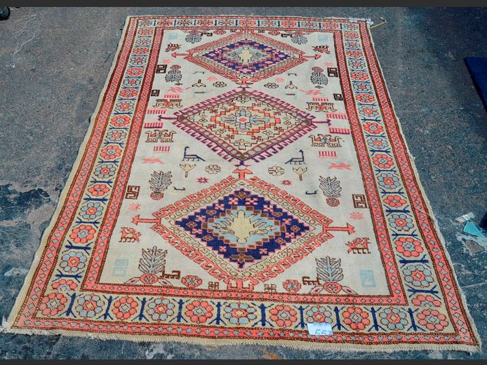 BURGUNDY, BLUE & BEIGE PERSIAN CARPET, 210 x 140cm
