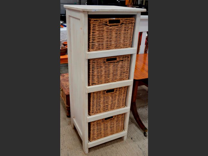 WHITE PAINTED 4 WICKER DRAWER TALLBOY, 50 x 50 x 130cm [Needs re-painting]