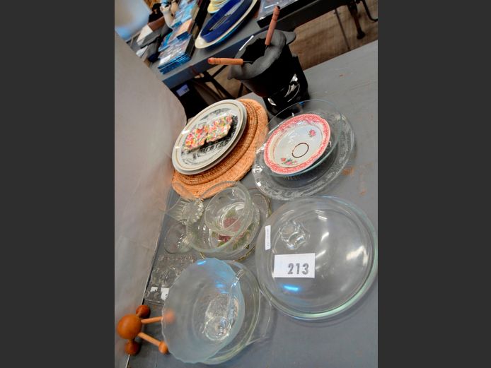 CAST IRON FONDUE POT ON STAND, GLASS CLOCHE, BOWLS, etc