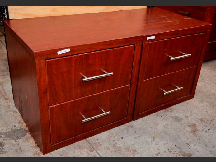 PAIR MAHOGANY FOIL 2-DRAWER PEDESTALS, 46 x 42 x 45cm [Water damage to base] [#: 415798271]