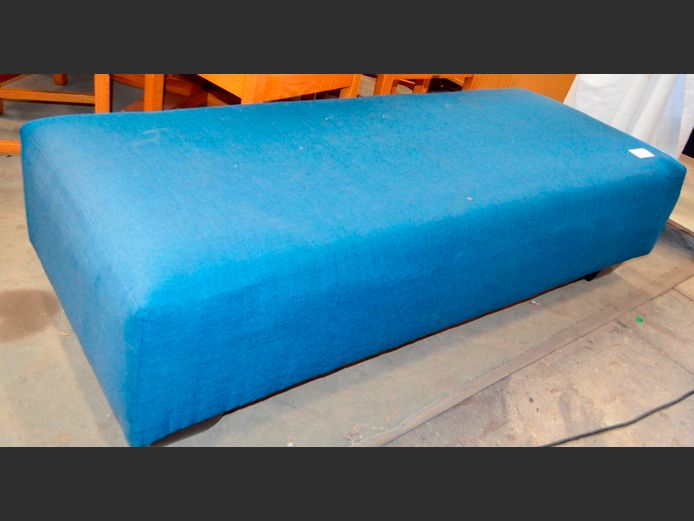 BLUE UPHOLSTERED OTTOMAN, 150 x 60 x 40cm [Slightly sun bleached to 1 side]