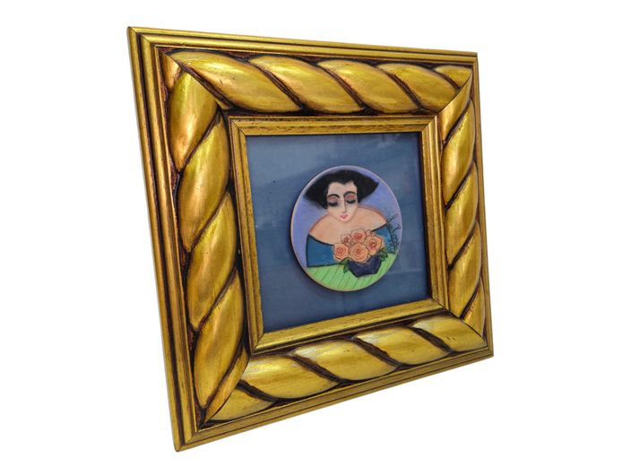 Framed Art Deco Style Hand-Painted Portrait Miniature of a Woman with Roses