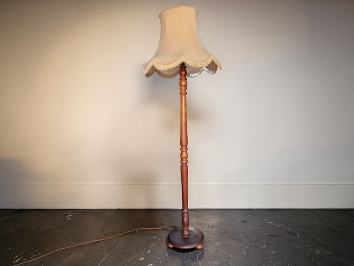 Vintage Turned Wood Floor Lamp with Fringed Scalloped Shade