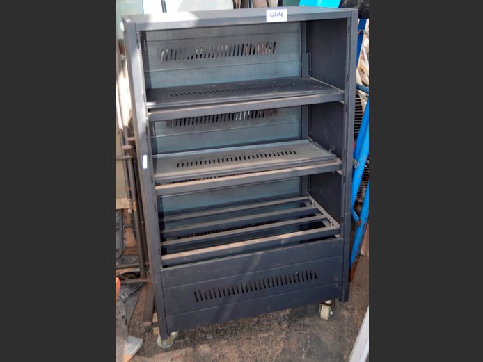 BLACK METAL SOLAR BATTERY STAND ON CASTORS, 78 x 50 x 129cm