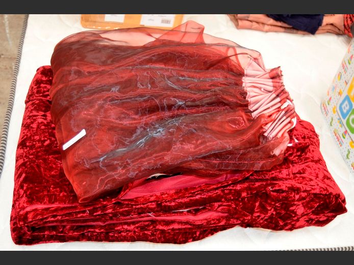 PAIR RED VELVET CURTAINS & A RED ORGANZA CURTAIN