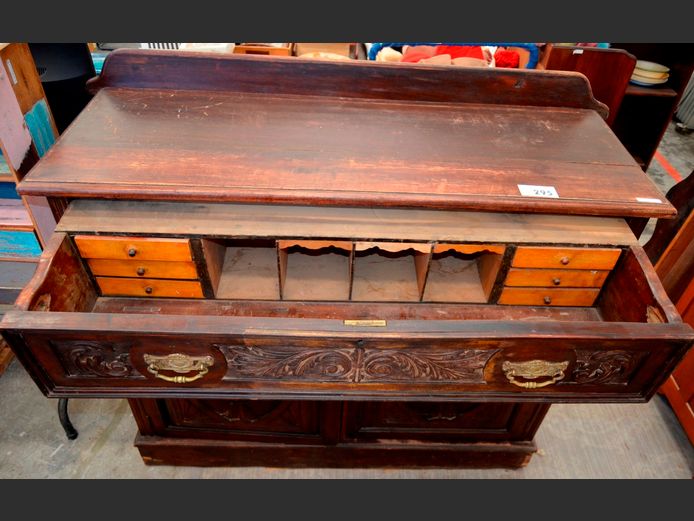 EDWARDIAN MAHOGANY 2-DOOR, SINGLE DRAWER WRITING CABINET, 120 x 45 x 109cm [In need of restoration]