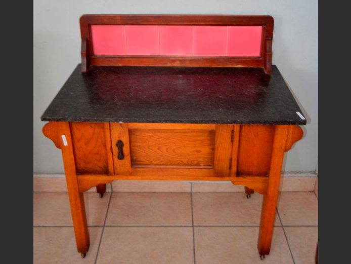 OAK SINGLE DOOR WASH STAND WITH MARBLE TOP, 95 x 46 x 100cm