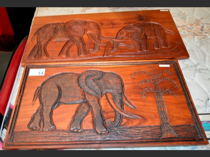PAIR BURMESE TEAK ELEPHANT WALL PLAQUES, 80 x 39cm & 71 x 39cm