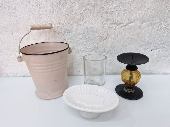 Enameled Metal Bucket, Amber Glass Candlestick, Ceramic Pedestal Dish, and Clear Glass Cylinder