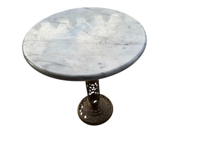 Vintage Marble-Top Pedestal Side Table with Ornate Cast Metal Base