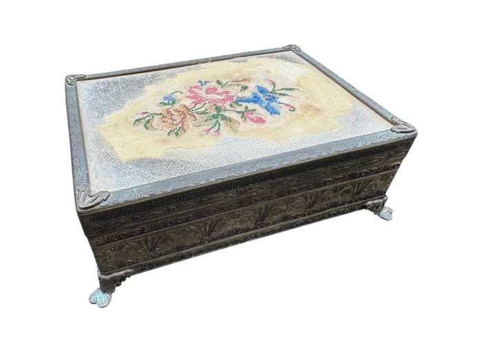 Vintage Embroidered Top Jewellery Casket with Ornate Metal Mounts (c.1920–1940)