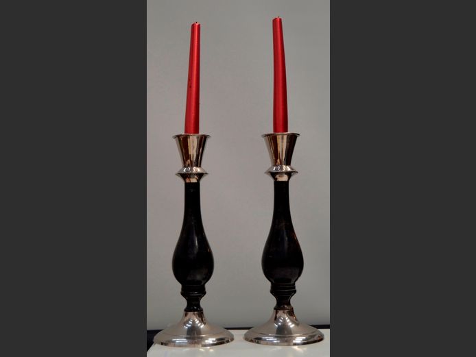 PAIR POLISHED ALUMINIUM CANDLESTICKS, 31cm High