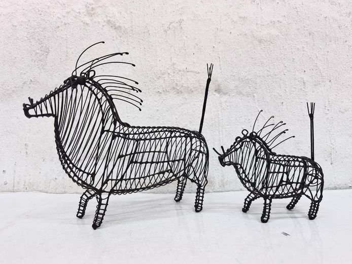 Pair of Handcrafted African Wire Art Warthog Sculptures