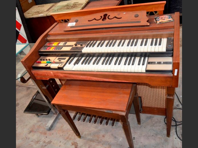 LOWRY ORGAN, 114 x 58 x 90cm WITH STOOL, 60 x 34 x 56cm [Switches on, untested further]