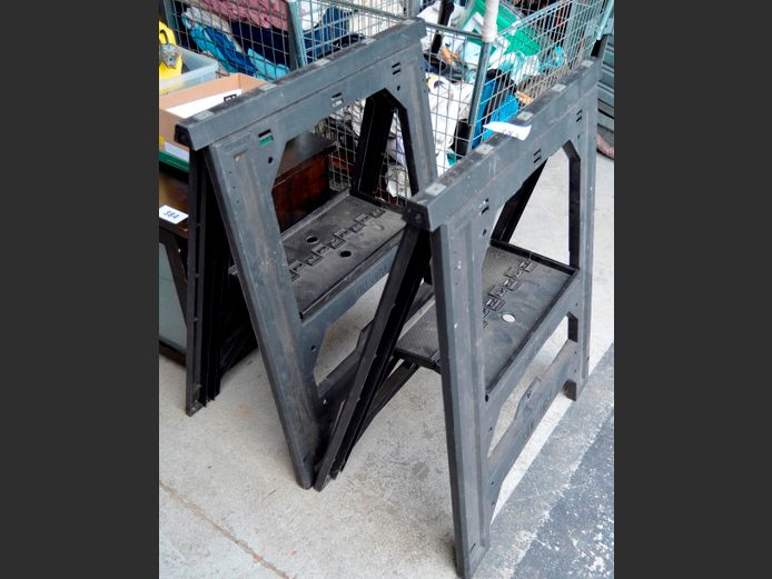 PAIR STANLEY BLACK FOLDING TRESTLES, 82 x 69cm