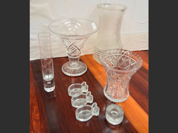 LOT: CUT GLASS VASES, CANDLE HOLDER, etc