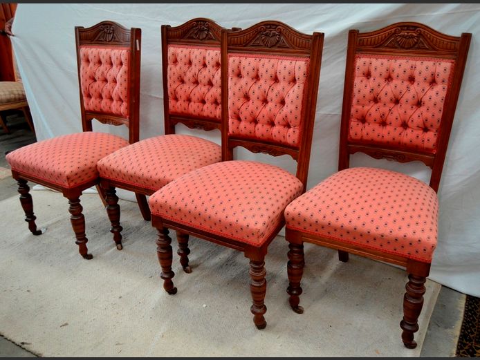 SET OF 4 CARVED MAHOGANY & UPHOLSTERED CHAIRS ON CASTORS