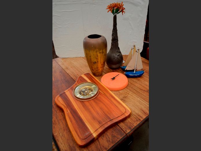 VASE SIGNED JENNY '07, TERRACOTTA WALL PLAQUE, BLACKWOOD BAROMETER, etc