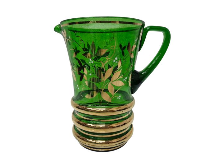 Vintage Bohemian Emerald Green Enameled Glass Pitcher