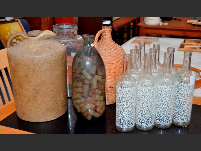 STONEWARE DEMIJOHN, SPANISH GLASS BOTTLE, WICKER WRAPPED BOTTLE, etc