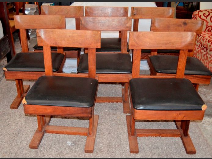 SET OF 8 DANISH MID-CENTURY TEAK & VINYL UPHOLSTERED CHAIRS [Upholstery to some chairs needs attention]